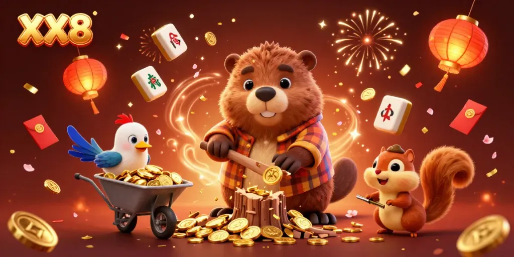 Experience the thrilling XX8 casino scene with a beaver, bird, and squirrel celebrating among gold coins.