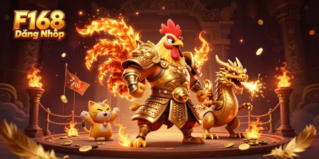 Experience F168 Đăng Nhập with this vibrant illustration of a rooster warrior and dragon in action.
