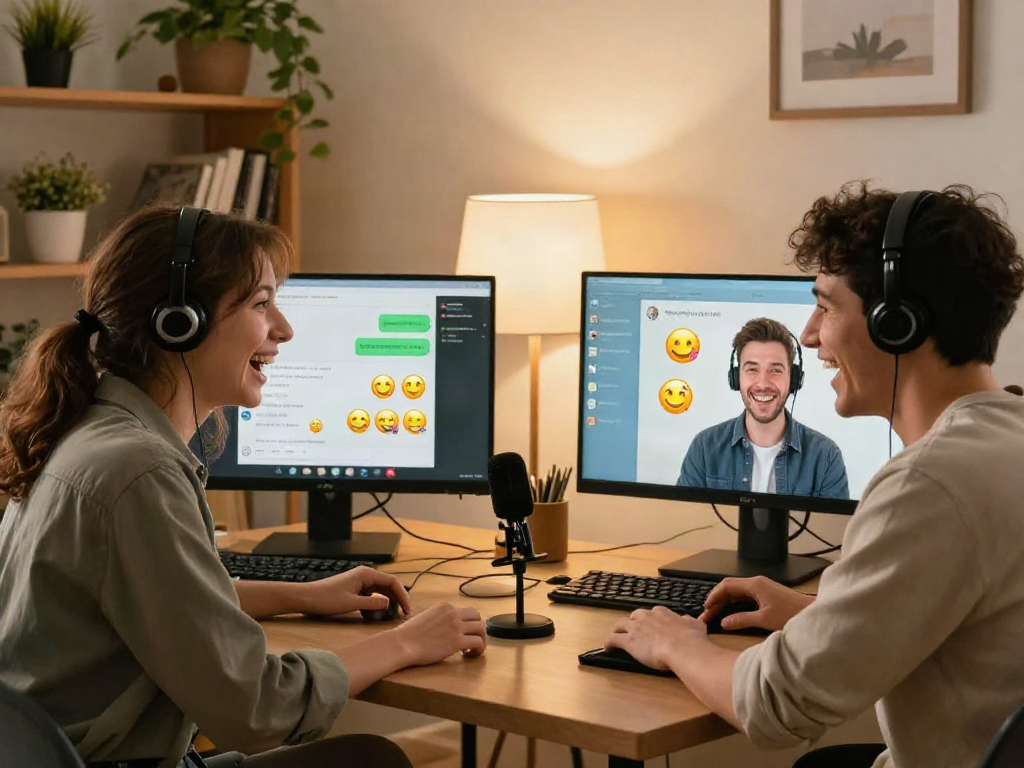 Engaging in free ai sex chat conversation over computers in cozy home setting.