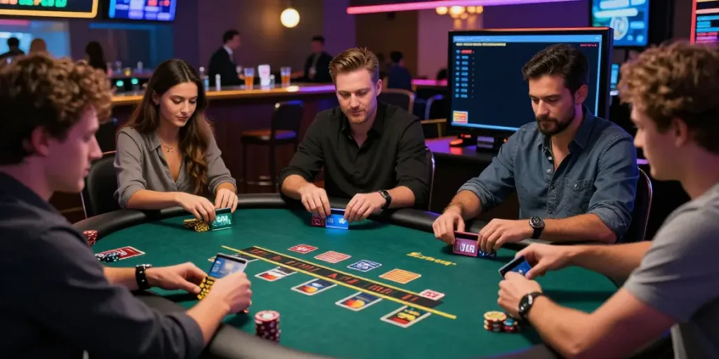 Players at online credit card casinos enjoying blackjack, highlighting vibrant atmosphere and diverse payment options.