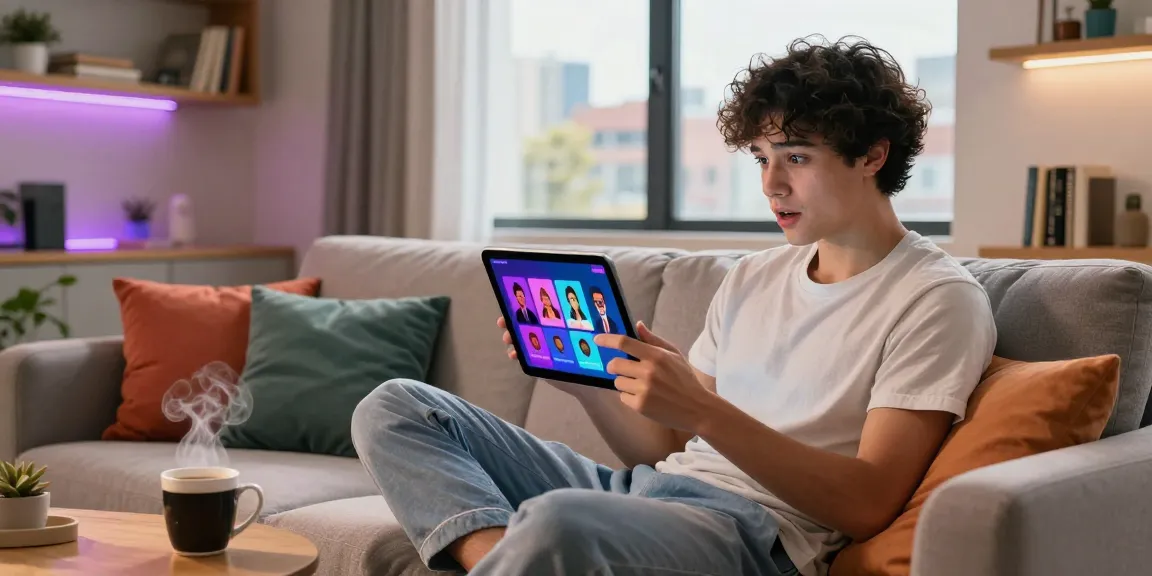 Person using sex chat AI on a tablet in a cozy living room, engaging with animated characters, relaxed atmosphere.