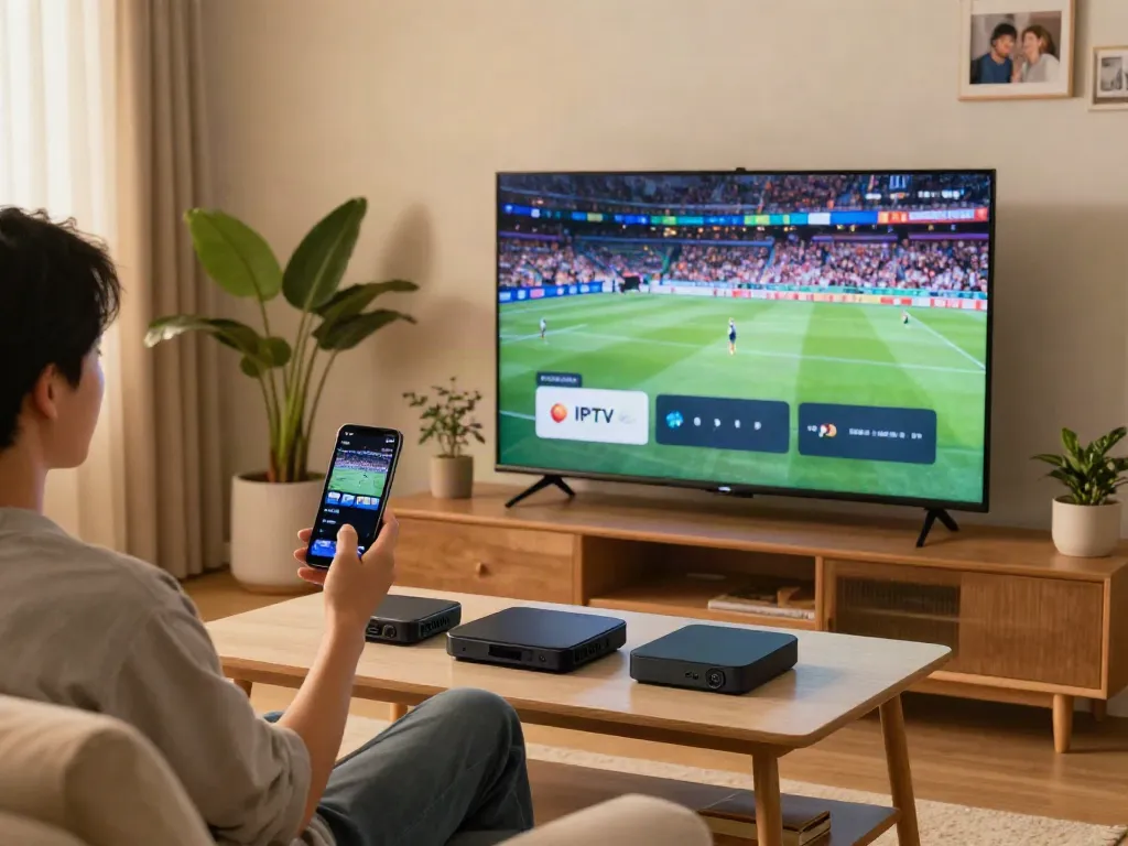 Test IPTV streaming on a large TV in a cozy living room with family atmosphere.