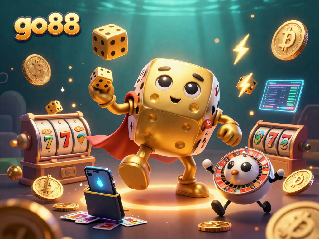 Engage in winning strategies with go88's vibrant casino-themed 3D illustration featuring exciting gaming elements.