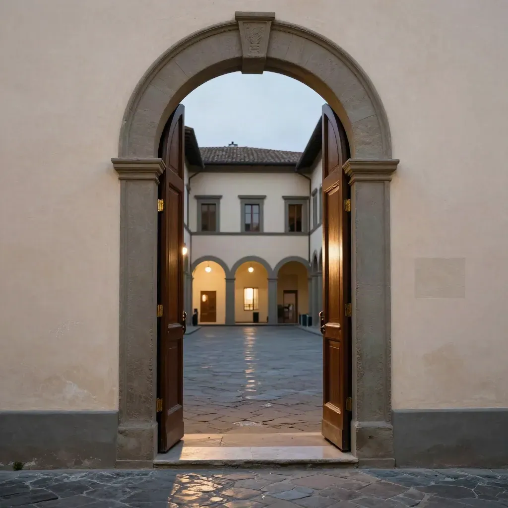 Cortile di museo fiorentino al tramonto, portone aperto e luci calde sul selciato bagnato.