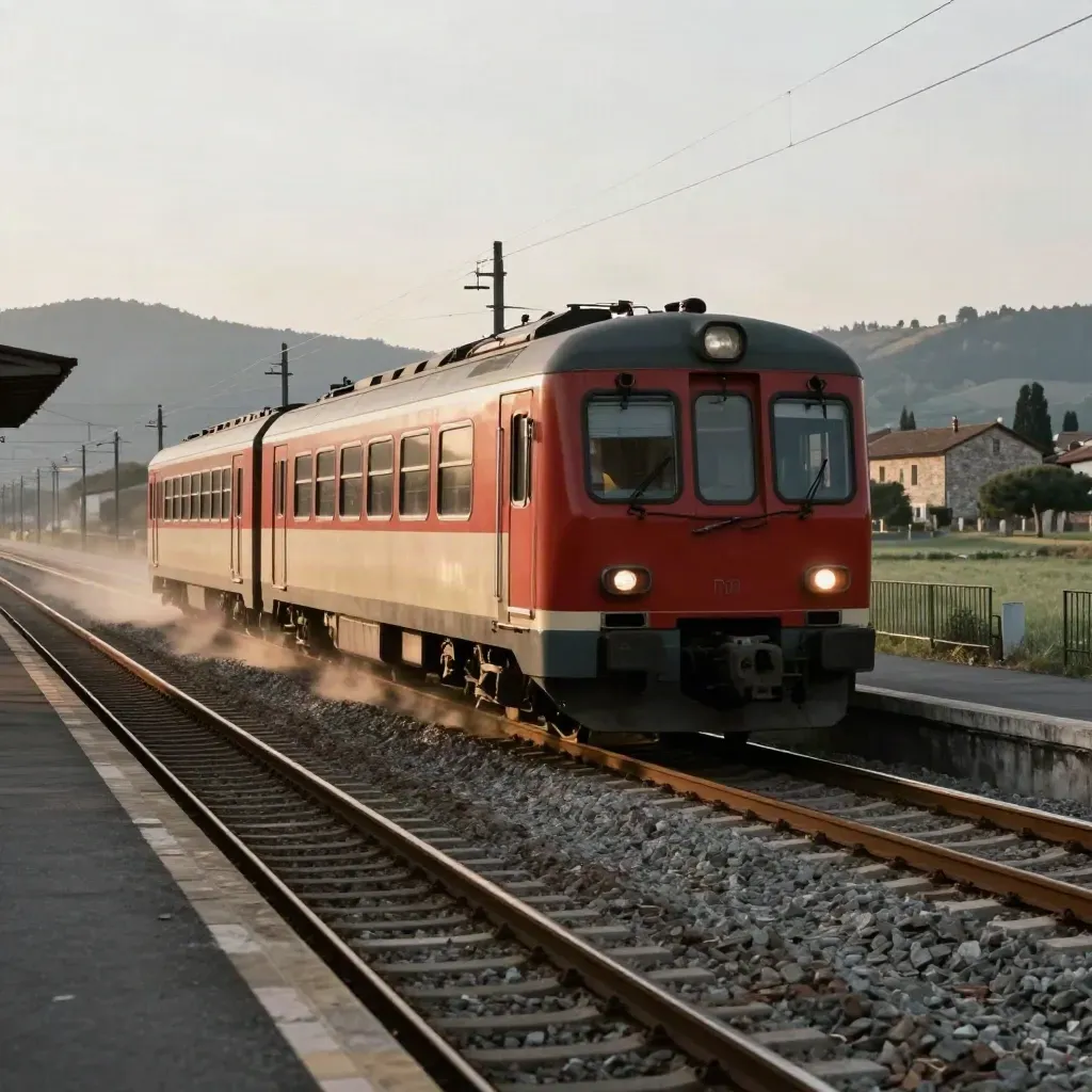 Treno regionale rosso-crema in corsa su binari curvi, con case lontane e colline basse