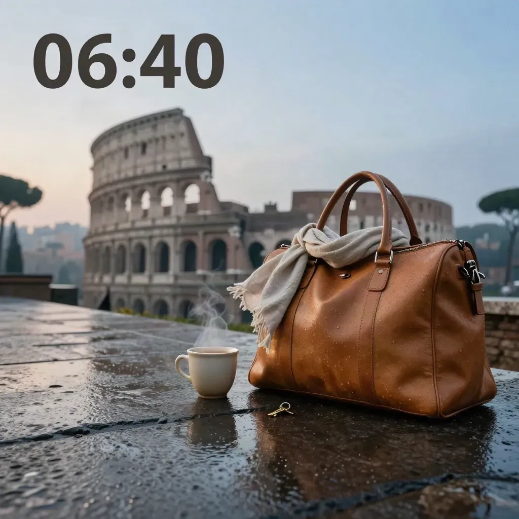 Terrazza di Roma dopo la pioggia con borsa in cuoio, sciarpa di lino e Colosseo all’alba