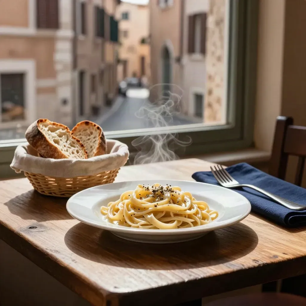 Piatti di cacio e pepe fumante su tavolo di trattoria, vicolo romano fuori dalla finestra.