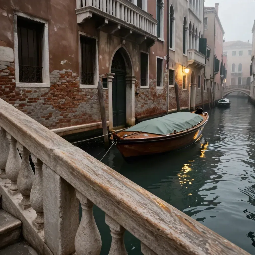 Canale veneziano al tramonto con barca ormeggiata e riflessi notturni sotto un ponte.