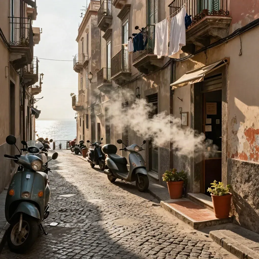 Vicolo napoletano con motorini, panni stesi, gradini e vapore verso il mare.