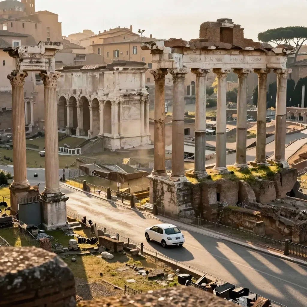 Auto piccola in corsa davanti al Foro Romano, luce bassa e rovine dorate.