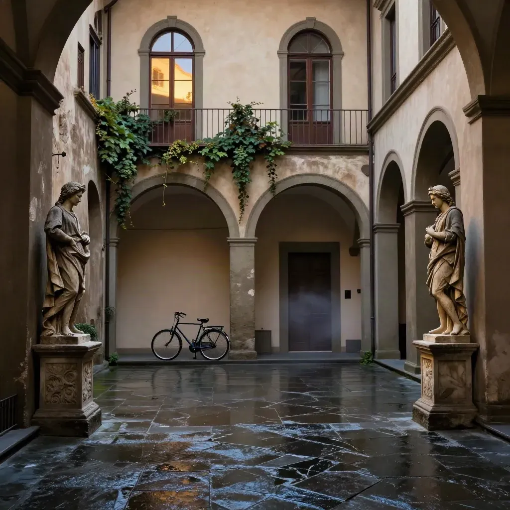 Cortile rinascimentale fiorentino con statua in ombra, bici e pietra bagnata.