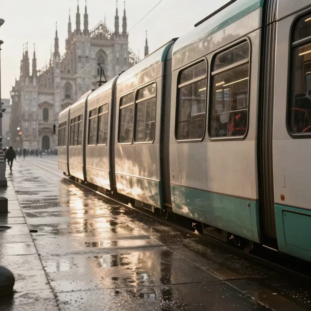 Tram milanese davanti al Duomo su asfalto bagnato, pioggia fine e guglie sullo sfondo.