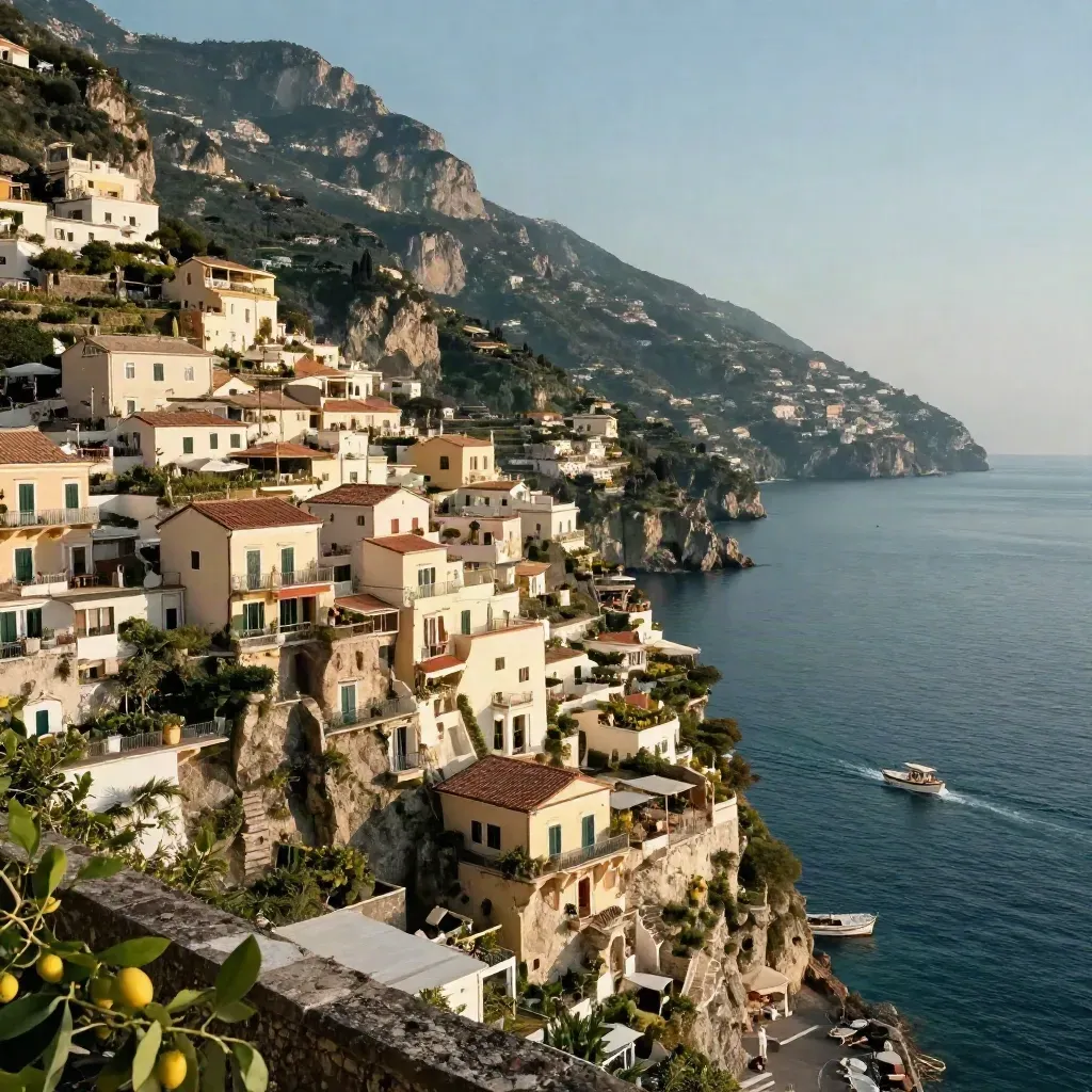 Vista obliqua della Costiera Amalfitana con limoneti, case pastello e una barca in mare.