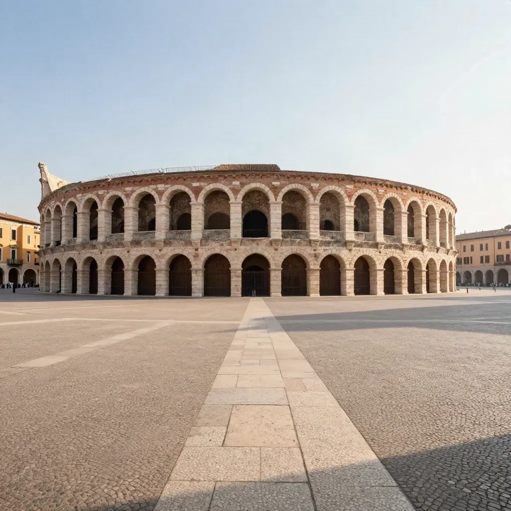 Arena di Verona al tramonto dalla piazza, con portici eleganti e ombre lunghe.