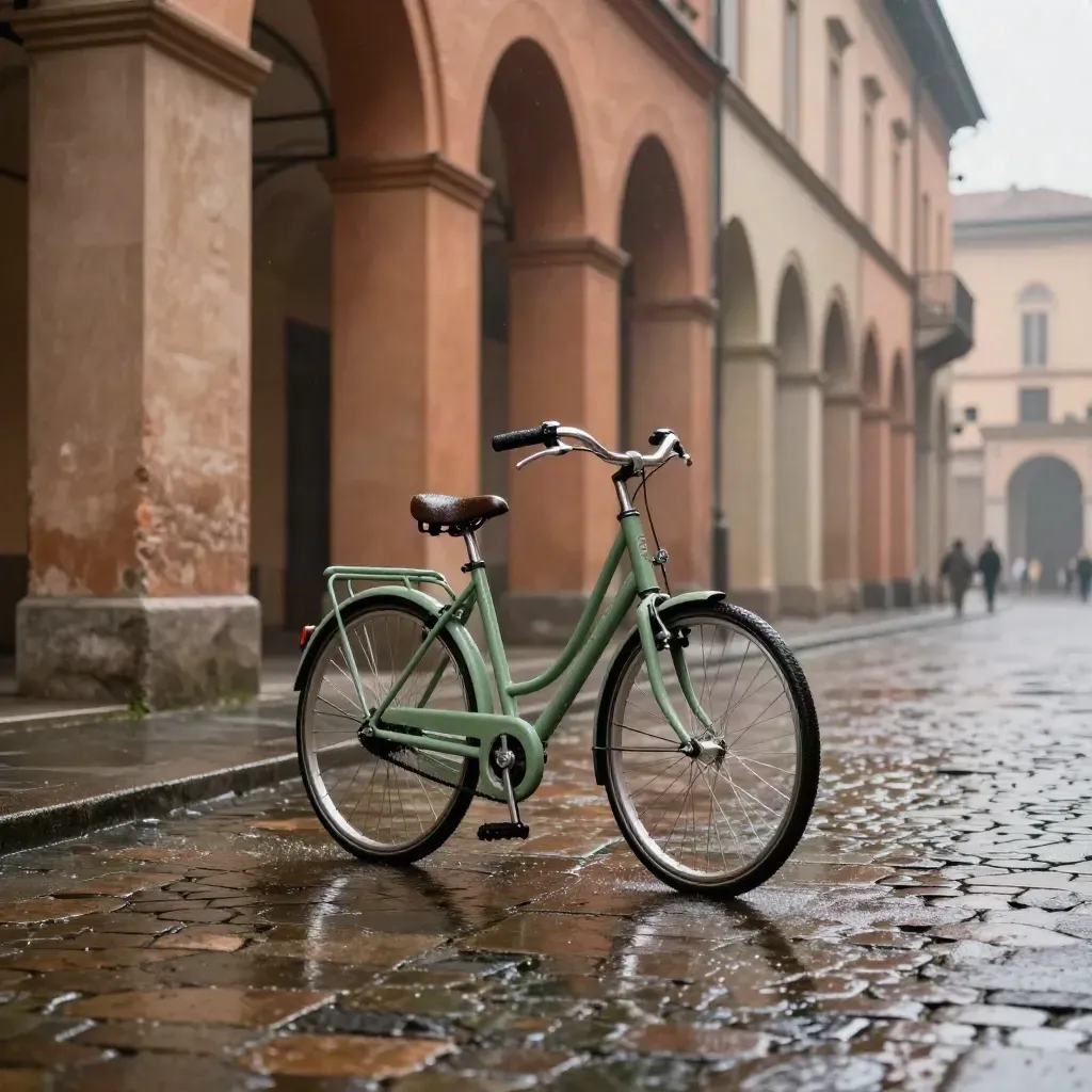 Bicicletta verde salvia corre sotto i portici di Bologna dopo la pioggia.