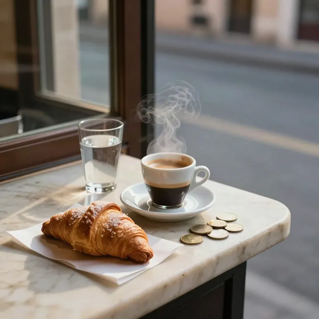 Colazione economica in un bar romano: espresso, cornetto e monete sul banco alla luce del mattino.