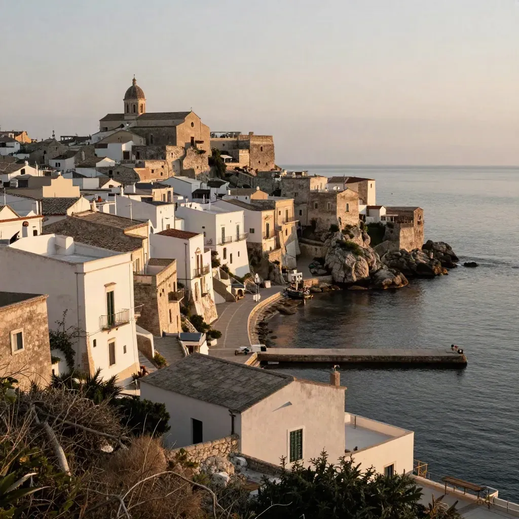 Borgo bianco sul mare visto in alto, con porto piccolo e sentiero di pietra.