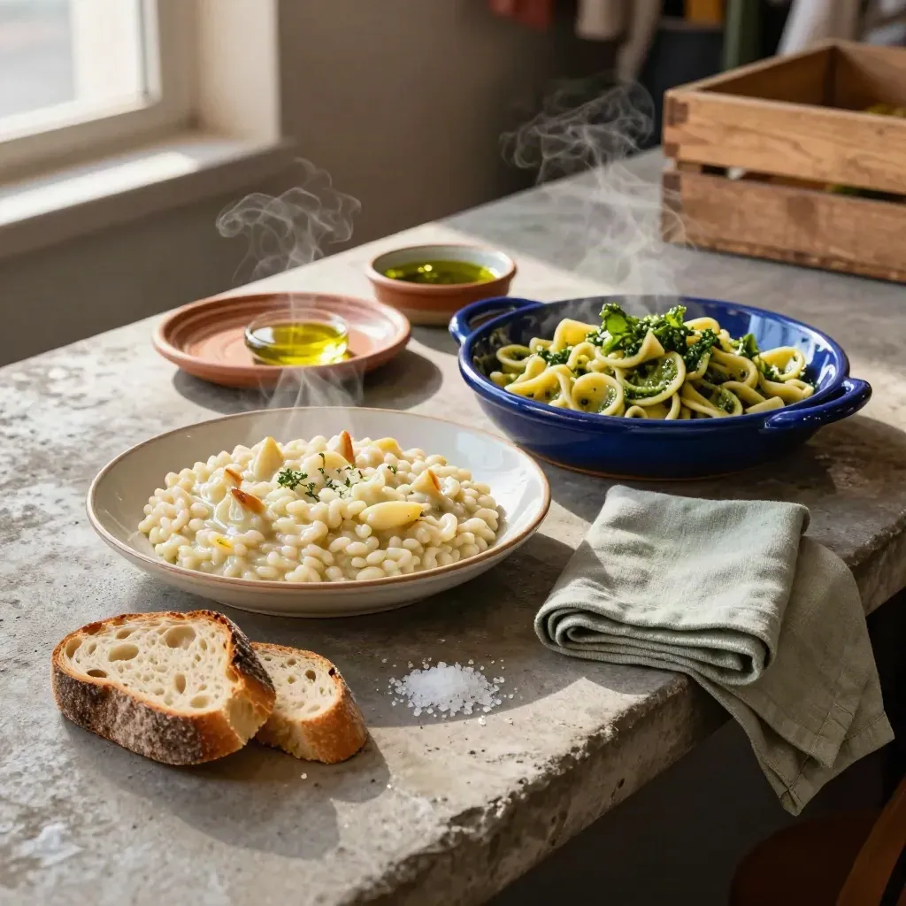 Tre piatti regionali italiani fumanti su un tavolo di mercato con pane rustico e ceramiche diverse.