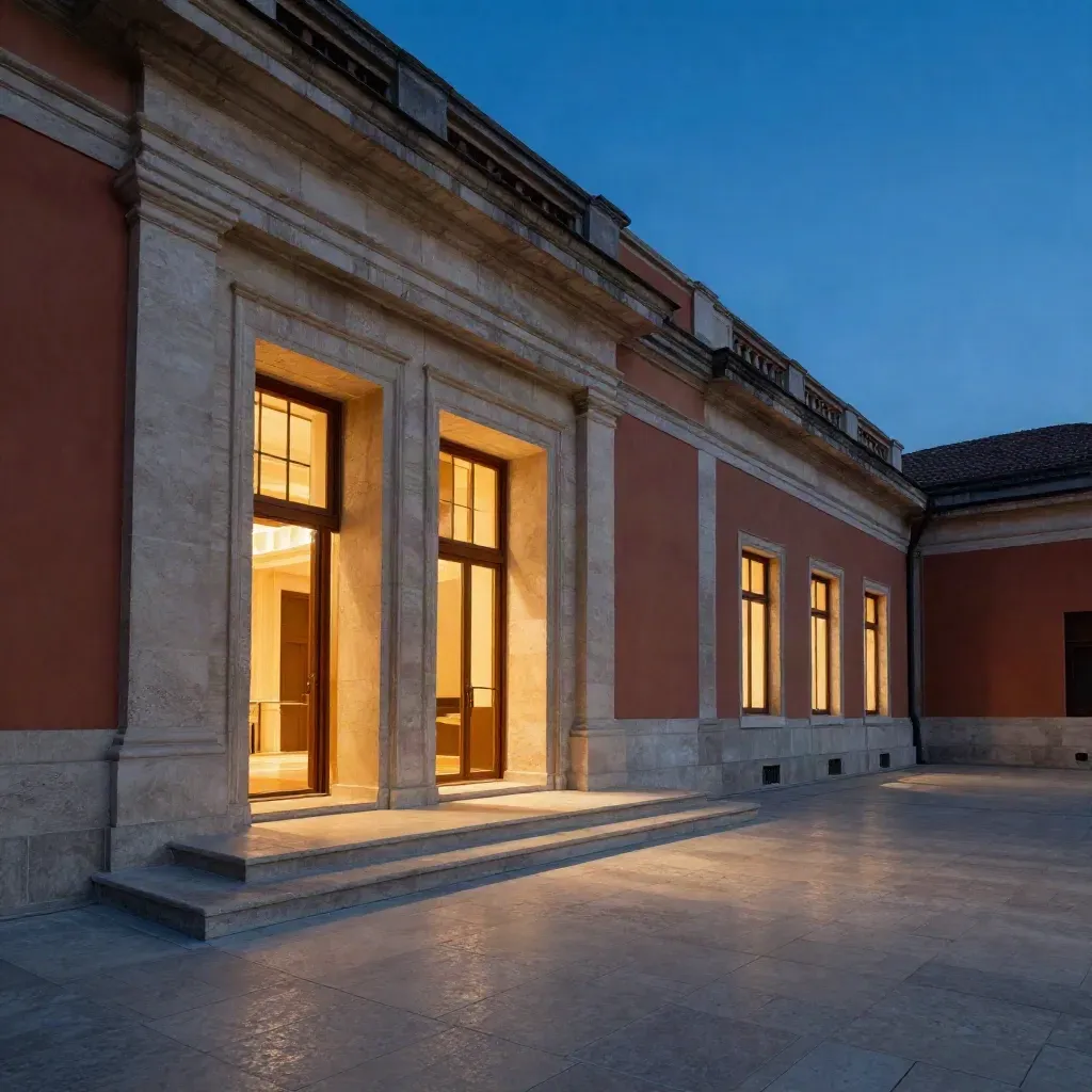 Facciata di museo al crepuscolo con cortile vuoto, scale in pietra e porte aperte luminose.