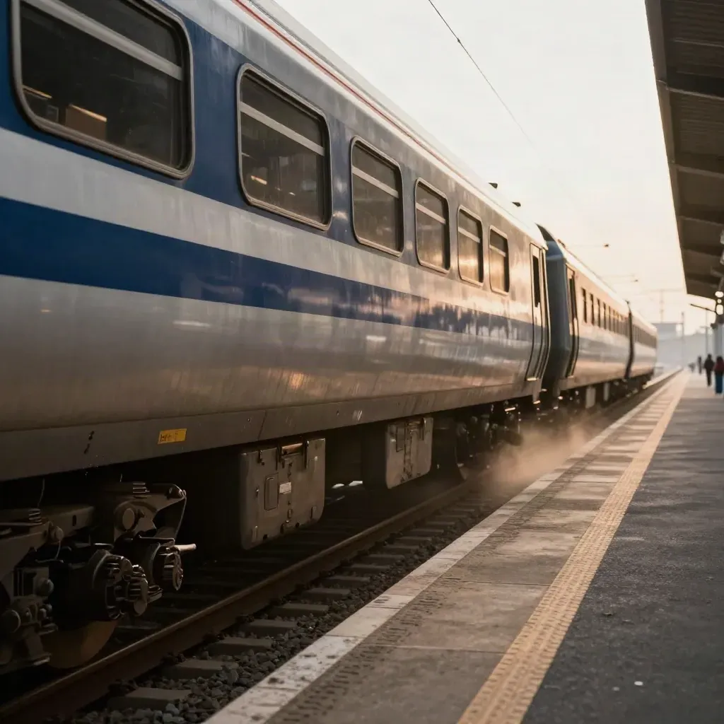 Treno intercity in partenza dalla stazione, ripreso di lato con binari e luce calda.