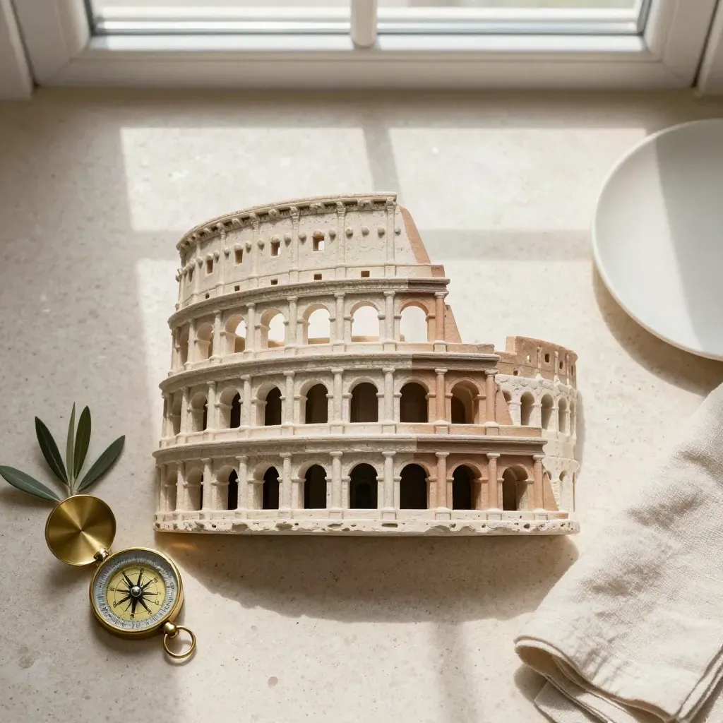 Flatlay dall’alto con modellino del Colosseo, bussola, ulivo, lino e ceramica.