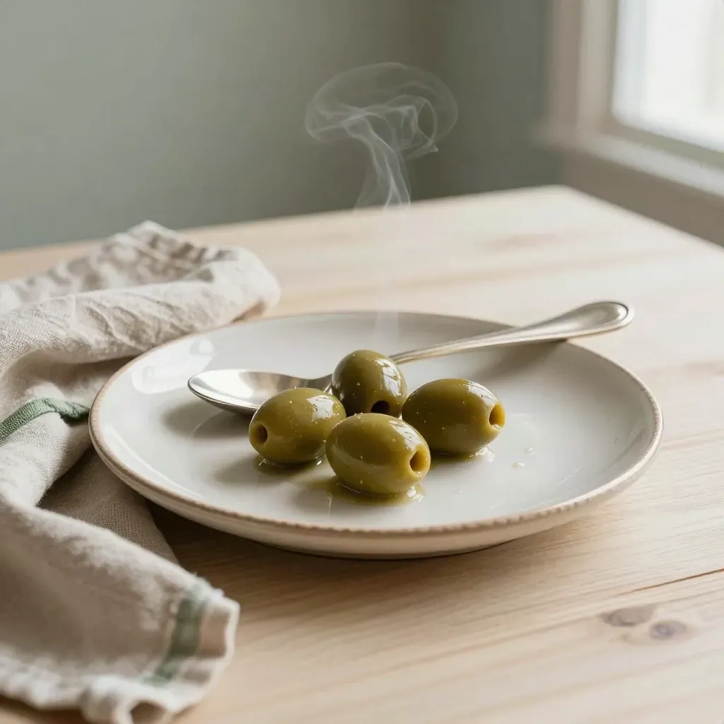 Piattino con olive verdi, cucchiaio d’argento, lino e rosmarino su legno chiaro.
