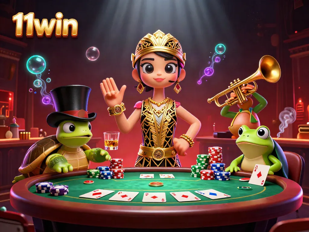 Experience the excitement of winning on 11win with a vibrant 3D casino scene showcasing poker and colorful game elements.