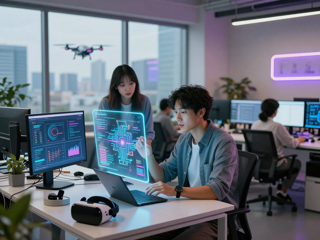 AI engineer showcasing hot ai developments in a dynamic tech workspace.