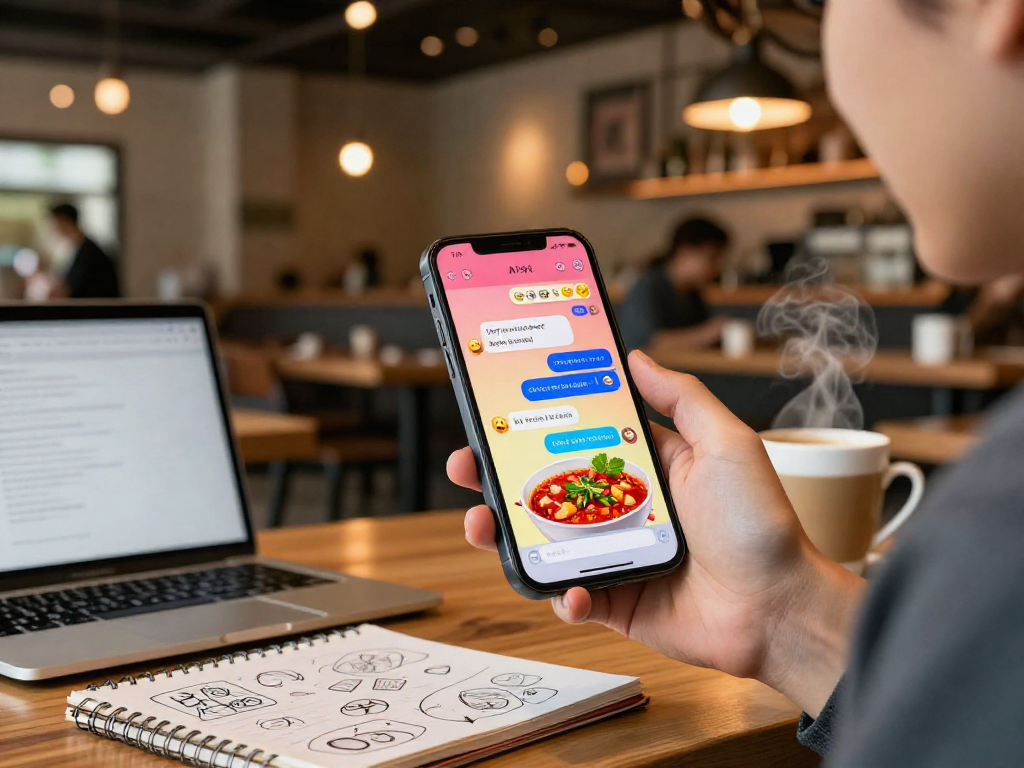 Spicy AI chat interface displayed on smartphone in a cozy cafe setting, showcasing vibrant conversation.