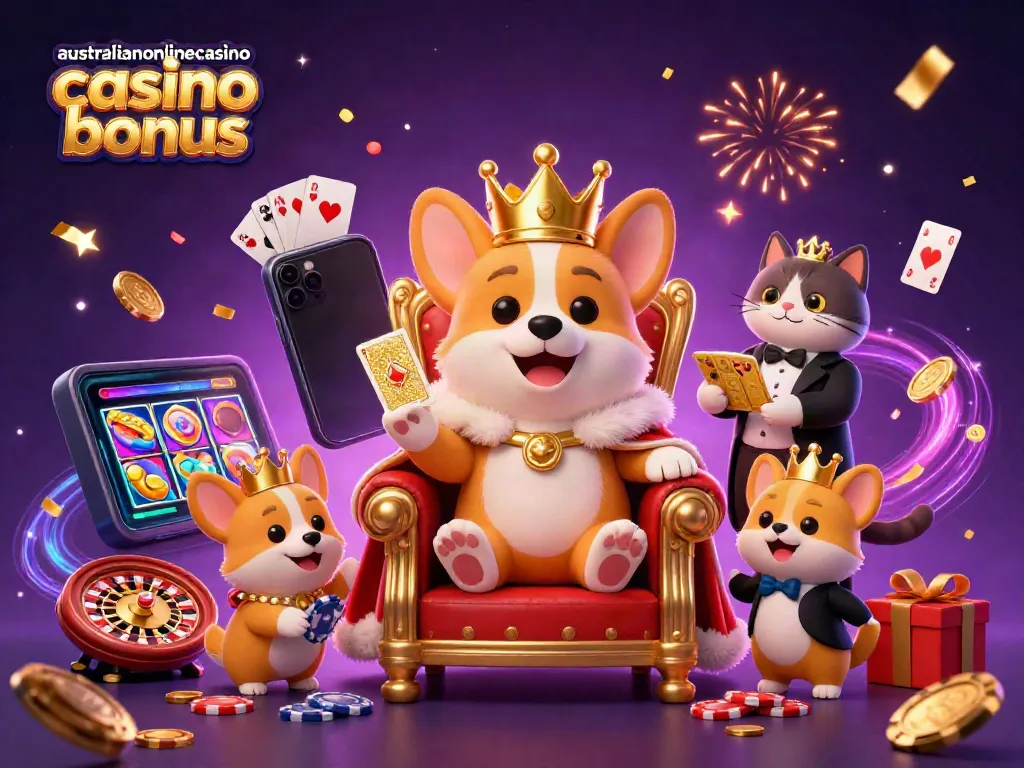 Exciting illustrated scene showcasing the australianonlinecasino casino bonus with a royal corgi and games around an energetic setup.